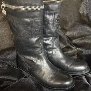 Coach Black Embossed Leather Boots with Logo Patch and zipper with Coach tag.